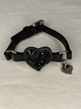 Prada Heart Rhinestone Black Leather Bracelet Silver Tone 6.3”